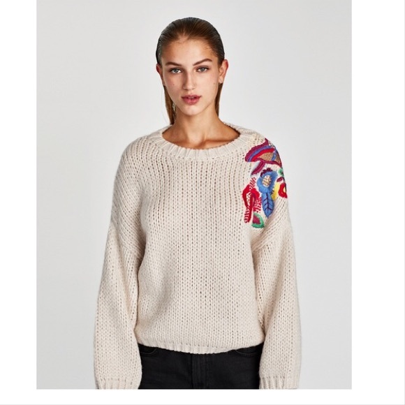 Zara Knit Oversized Floral Embroidered Sweater